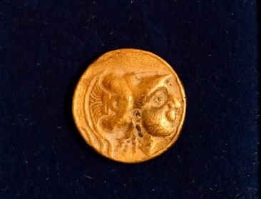 Ancient coins on display in a museum